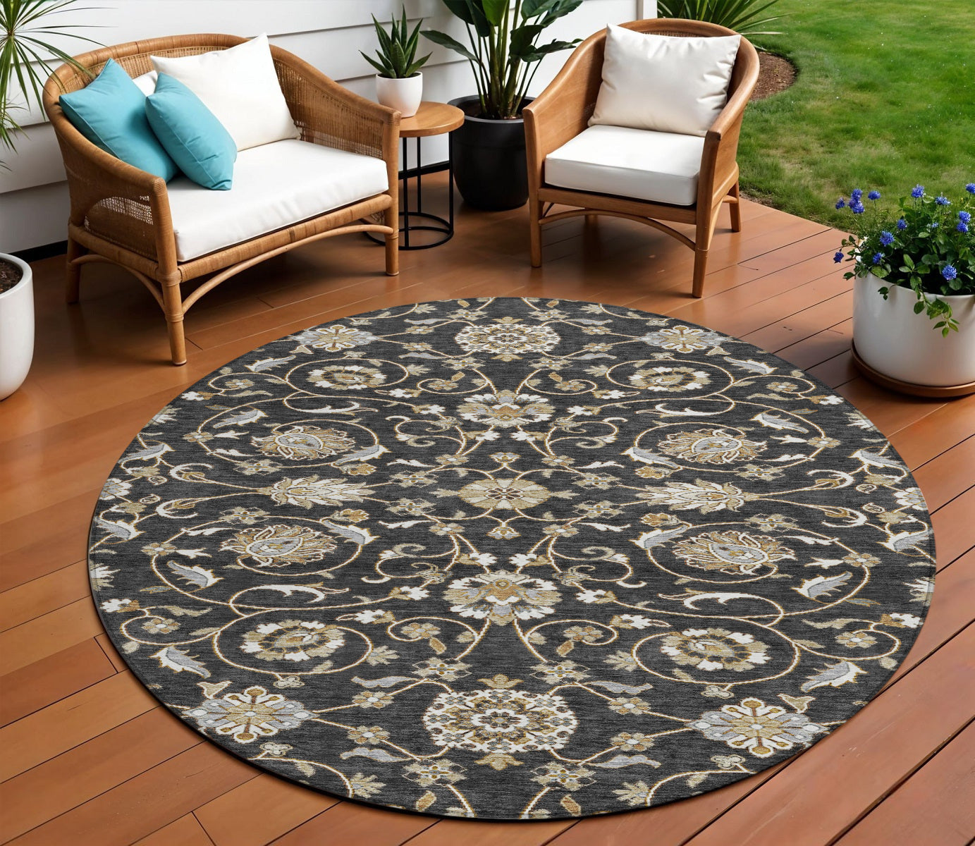 8' Black Brown And Ivory Round Moroccan Washable Indoor Outdoor Area Rug-0