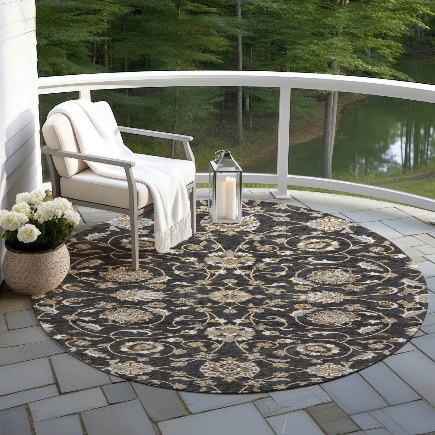 8' Black Brown And Ivory Round Moroccan Washable Indoor Outdoor Area Rug-7