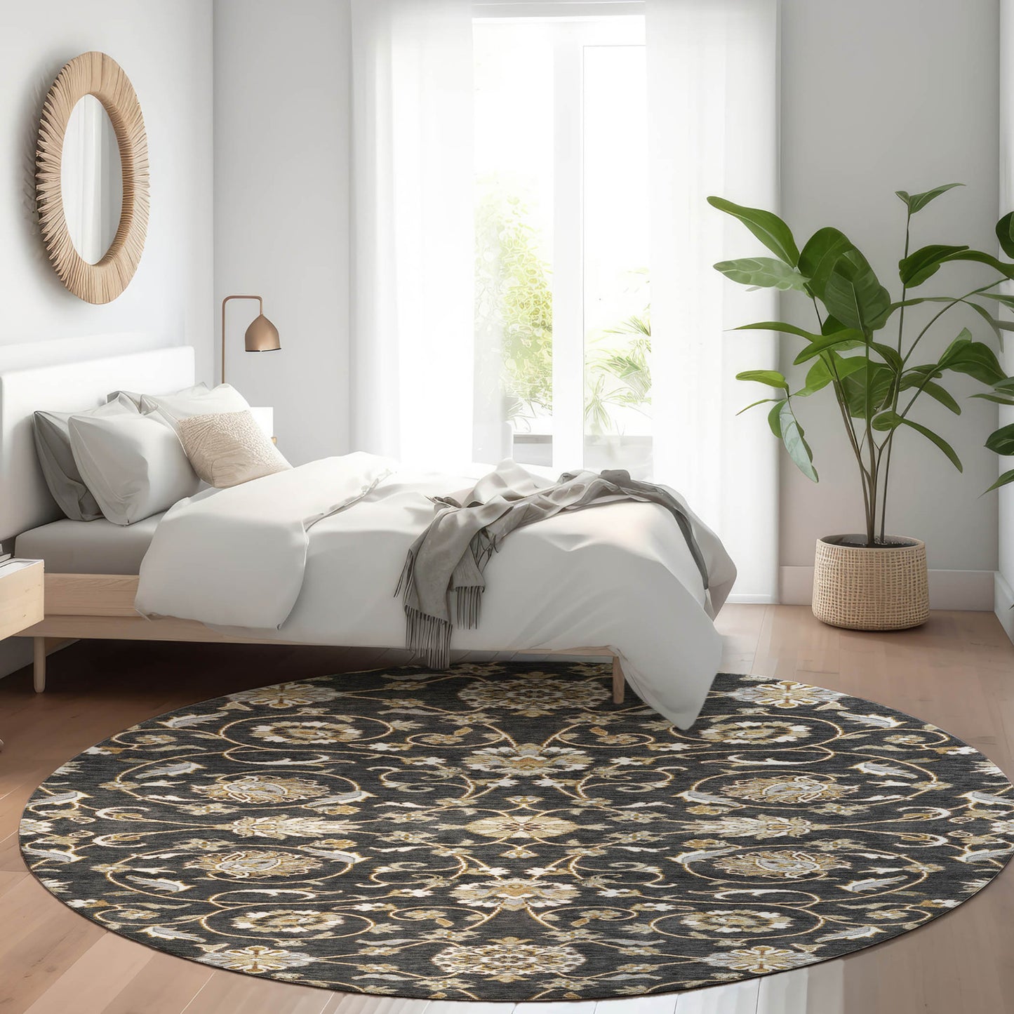 8' Black Brown And Ivory Round Moroccan Washable Indoor Outdoor Area Rug-8